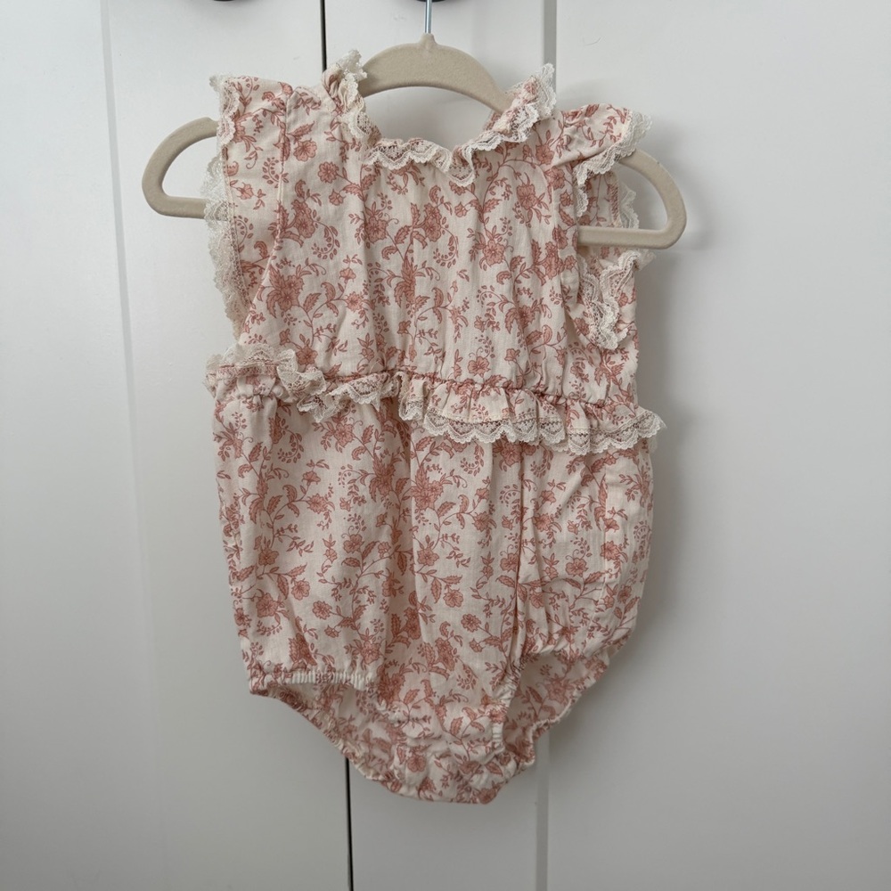 Noralee Floral Ruffle Baby Romper in Cream and Dusty Rose